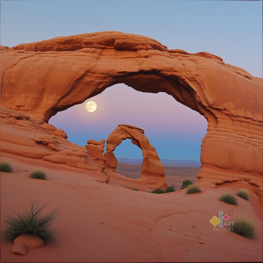 Double Sandstone Arch with Moon | Desert Rock Formation | Scenic Landscape Photography